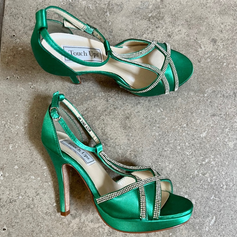 Touch Ups Green Satin and Rhinestone Platform Shoes, BRAND NEW